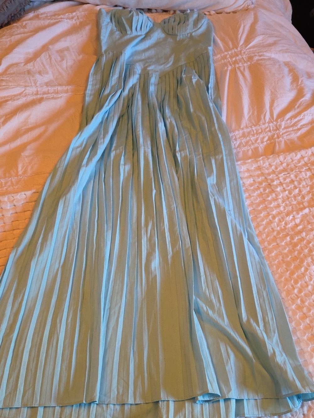 Light Blue Pleated Strapless Maxi Dress Lg